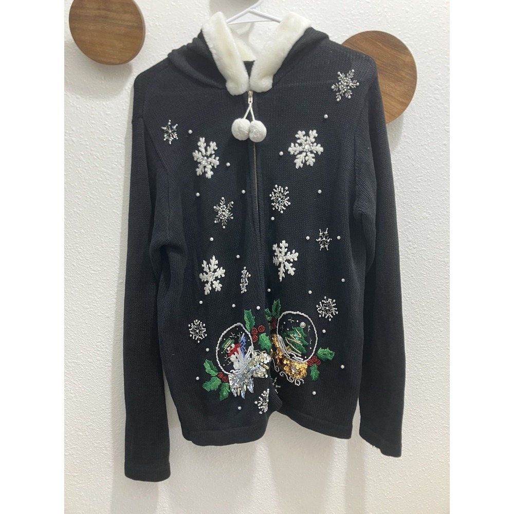 B.P. Design Christmas Snow Globe Hooded Sweater‎ Jacket Bead Appliqué Fur M